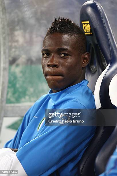 Mario Balotelli of FC Internazionale Milano looks on in the bench during the Serie A match between SS Lazio and FC Internazionale Milano at Stadio...