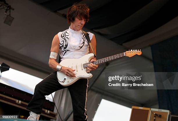 Guitarist Jeff Beck performs during day 7 of the 41st annual New Orleans Jazz & Heritage Festival at the Fair Grounds Race Course on May 2, 2010 in...