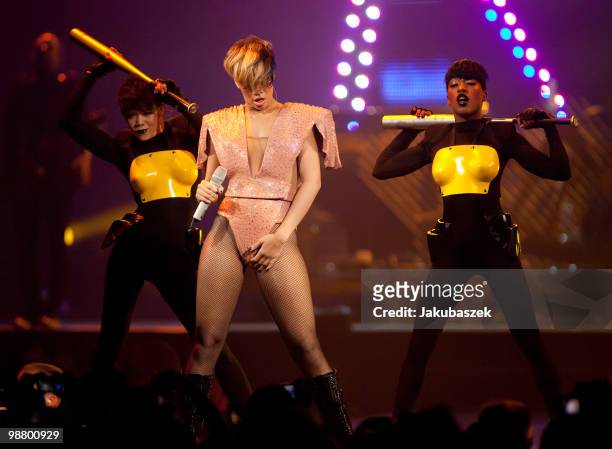 Pop singer Rihanna performs live during a concert at the O2 World on May 2, 2010 in Berlin, Germany. The concert is part of the 2010 tour to promote...