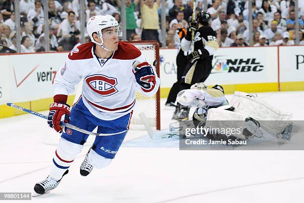 Michael Cammalleri of the Montreal Canadiens celebrates his third period goal against the Pittsburgh Penguins in Game Two of the Eastern Conference...