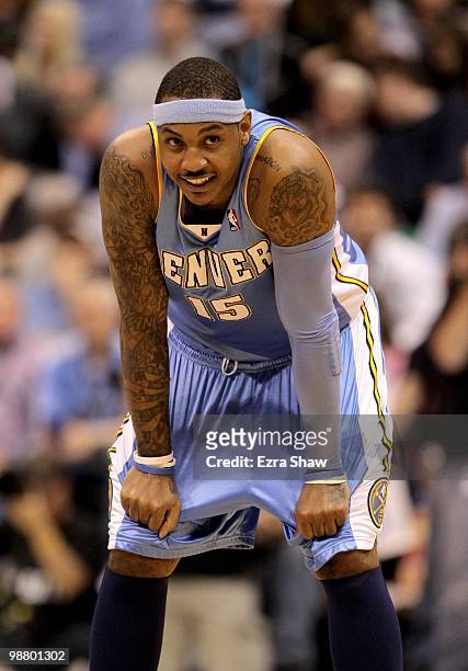 Carmelo Anthony of the Denver Nuggets stands on the court during their game against the Utah Jazz in Game Six of the Western Conference Quarterfinals...