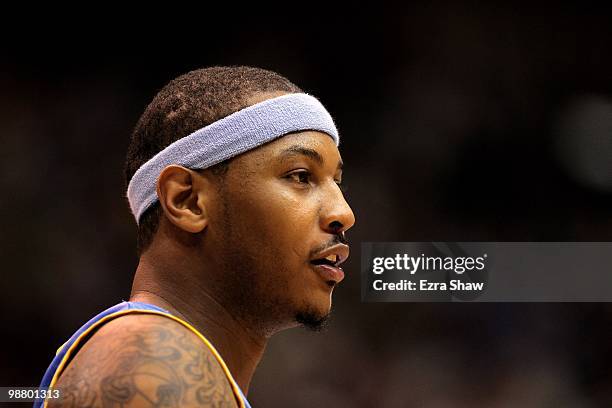 Carmelo Anthony of the Denver Nuggets stands on the court during their game against the Utah Jazz in Game Six of the Western Conference Quarterfinals...