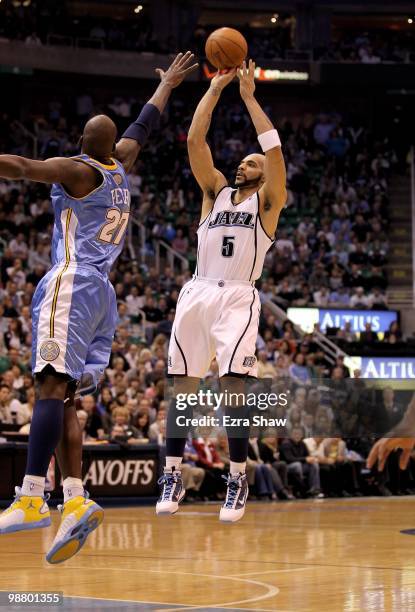 Carlos Boozer of the Utah Jazz in action against the Denver Nuggets in Game Six of the Western Conference Quarterfinals of the 2010 NBA Playoffs at...