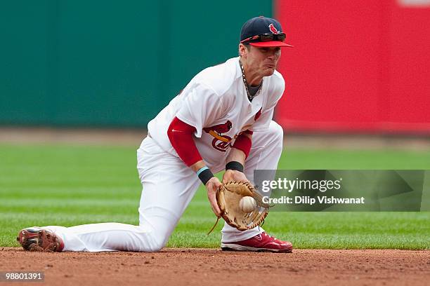 Brendan Ryan of the St. Louis Cardinals fields a ground ball against the Cincinnati Reds at Busch Stadium on May 2, 2010 in St. Louis, Missouri. The...