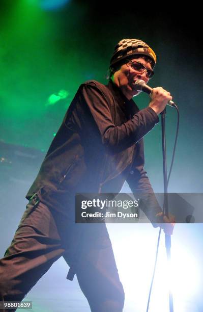 Alan Vega, of electro-punk duo Suicide, performs as support to Iggy Pop and The Stooges at Hammersmith Apollo on May 2, 2010 in London, England.