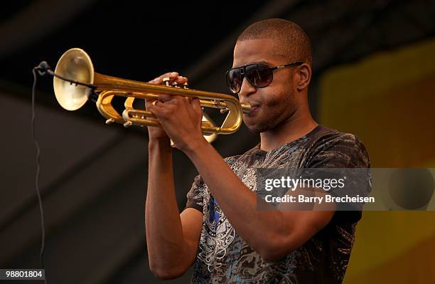 Trombone Shorty performs with Galactic during day 7 of the 41st annual New Orleans Jazz & Heritage Festival at the Fair Grounds Race Course on May 2,...
