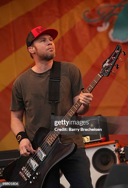 Bassist Jeff Ament of Pearl Jam performs during day 7 of the 41st annual New Orleans Jazz & Heritage Festival at the Fair Grounds Race Course on May...