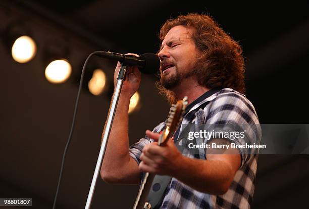 Singer Eddie Vedder of Pearl Jam performs during day 7 of the 41st annual New Orleans Jazz & Heritage Festival at the Fair Grounds Race Course on May...