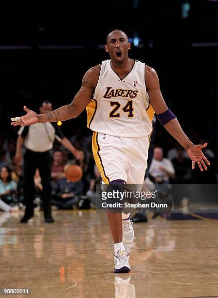 Kobe Bryant of the Los Angeles Lakers protests a call as he plays the Utah Jazz during Game One of the Western Conference Semifinals of the 2010 NBA...