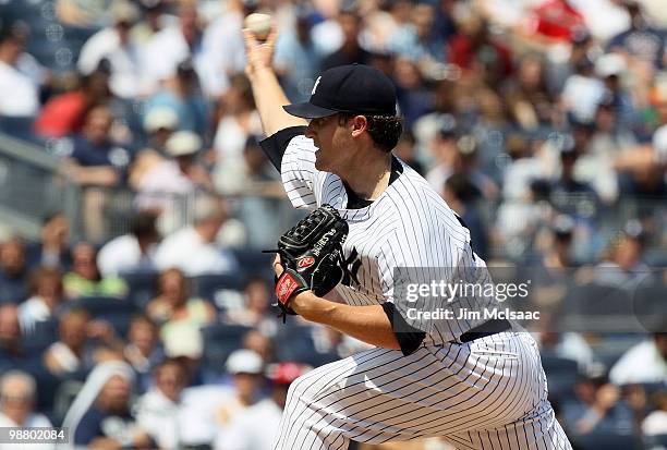 Starting pitcher Phil Hughes of the New York Yankees delivers a pitch against the Chicago White Sox on May 2, 2010 at Yankee Stadium in the Bronx...