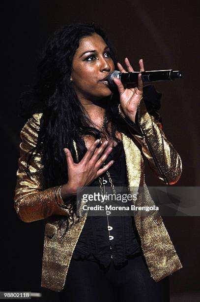 Melanie Fiona performs in support of Alicia Keys live at the Verona's arena on May 2, 2010 in Verona, Italy.