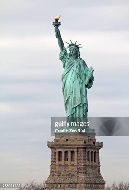 front view of the statue of liberty on liberty island in new york harbor, new york city - frihetsgudinnan bildbanksfoton och bilder