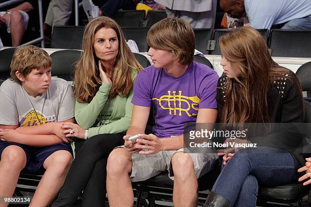 Maria Shriver and her children attend a game between the Utah Jazz and the Los Angeles Lakers at Staples Center on May 2, 2010 in Los Angeles,...