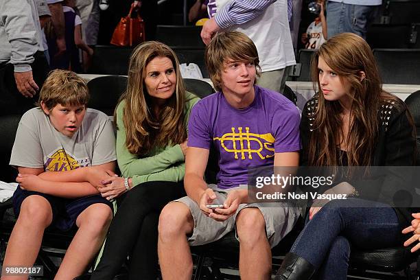 Maria Shriver and her children attend a game between the Utah Jazz and the Los Angeles Lakers at Staples Center on May 2, 2010 in Los Angeles,...