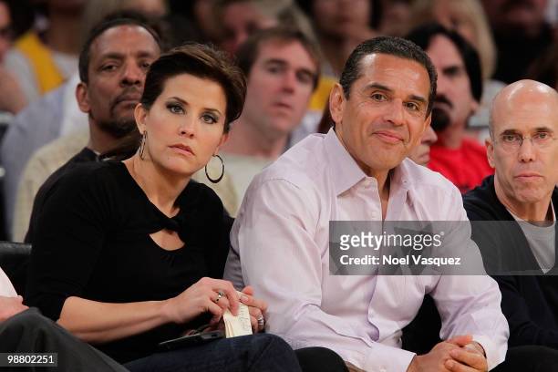 Antonio Villaraigosa and Lu Parker attend a game between the Utah Jazz and the Los Angeles Lakers at Staples Center on May 2, 2010 in Los Angeles,...