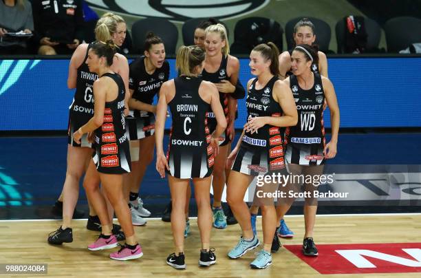 Madi Robinson speaks to the Magpies on the court during the round nine Super Netball match between the Magpies and the Fever at Margaret Court Arena...