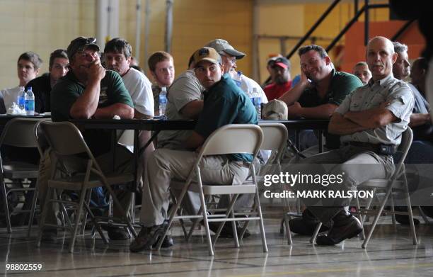 Fishermen attend a safety lecture by BP staff at the Venice school after signing up to combat the spreading oil slick following the BP Deepwater...