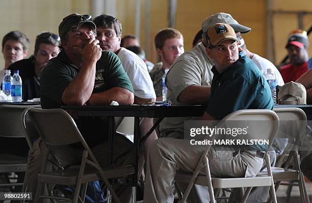 Fishermen attend a safety lecture by BP staff at the Venice school after signing up to combat the spreading oil slick following the BP Deepwater...