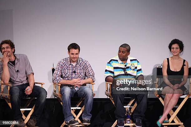 Actor/director James Franco, and actors Will Forte, Kenan Thompson and Jenny Slate attend the Tribeca Talks & Premiere for "Saturday Night" during...