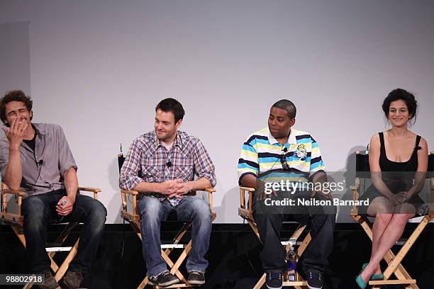 Actor/director James Franco, and actors Will Forte, Kenan Thompson and Jenny Slate attend the Tribeca Talks & Premiere for "Saturday Night" during...