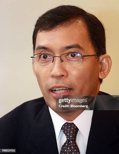 Hans Sicat, chairman of the Philippine Stock Exchange , speaks to the media following the annual stockholders' meeting, in Pasig City, Metro Manila,...