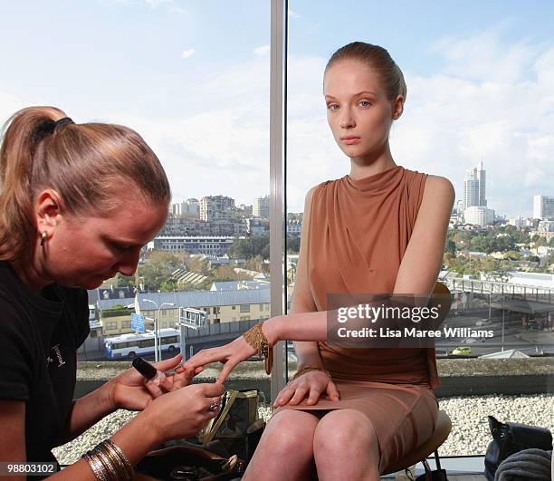 Model has her nails painted backstage ahead of the Lisa Ho show on the first day of Rosemount Australian Fashion Week Spring/Summer 2010/11 off-site...