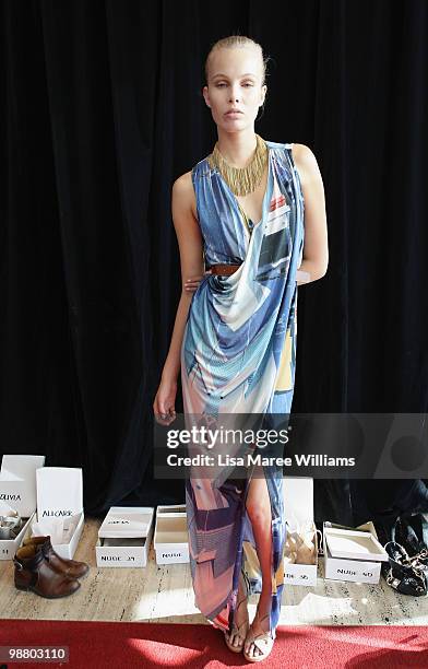 Model prepares backstage ahead of the Lisa Ho show on the first day of Rosemount Australian Fashion Week Spring/Summer 2010/11 off-site at the Art...