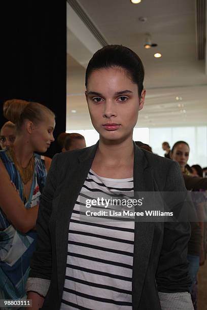 Model prepares backstage ahead of the Lisa Ho show on the first day of Rosemount Australian Fashion Week Spring/Summer 2010/11 off-site at the Art...