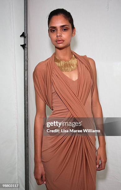 Model Samantha Harris prepares backstage ahead of the Lisa Ho show on the first day of Rosemount Australian Fashion Week Spring/Summer 2010/11...