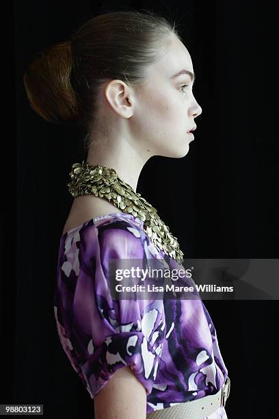 Model prepares backstage ahead of the Lisa Ho show on the first day of Rosemount Australian Fashion Week Spring/Summer 2010/11 off-site at the Art...