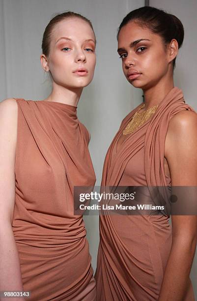 Model Samantha Harris prepares backstage ahead of the Lisa Ho show on the first day of Rosemount Australian Fashion Week Spring/Summer 2010/11...