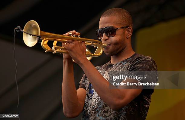 Trombone Shorty performs with Galactic during Day 6 of the 41st annual New Orleans Jazz & Heritage Festival at the Fair Grounds Race Course on May 1,...