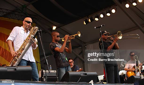 Galactic's Ben Ellman, Trombone Shorty and Galactic's Cory Henry perform during Day 6 of the 41st annual New Orleans Jazz & Heritage Festival at the...