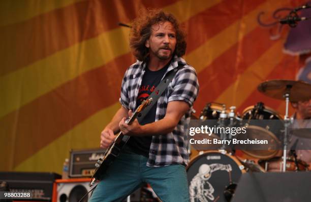 Singer Eddie Vedder of Pearl Jam performs during Day 6 of the 41st annual New Orleans Jazz & Heritage Festival at the Fair Grounds Race Course on May...