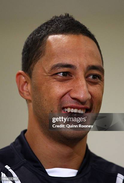 Benji Marshall of the Kiwis speaks to the media during a New Zealand Kiwis media session at AAMI Park on May 3, 2010 in Melbourne, Australia.