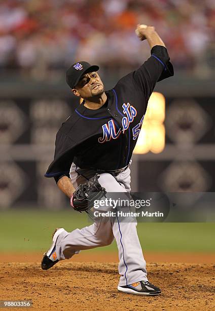 Starting pitcher Johan Santana of the New York Mets delivers a pitch during a game against the Philadelphia Phillies at Citizens Bank Park on May 2,...