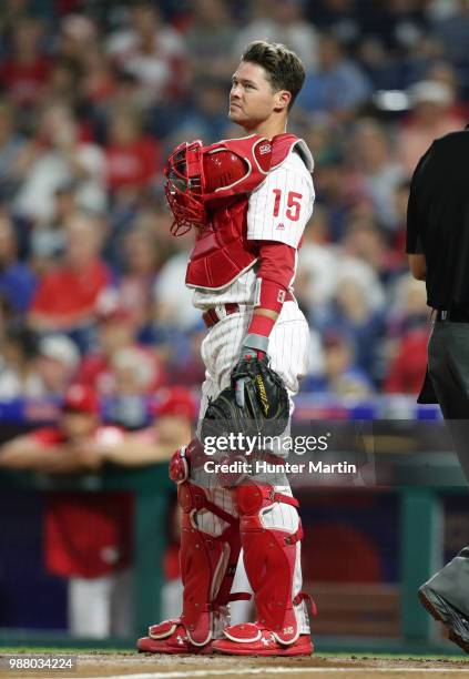 Andrew Knapp of the Philadelphia Phillies plays catcher during a game against the New York Yankees at Citizens Bank Park on June 26, 2018 in...