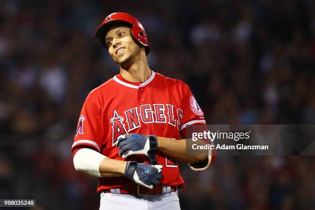 Andrelton Simmons of the Los Angeles Angels looks on during a game against the Boston Red Sox at Fenway Park on June 28, 2018 in Boston,...