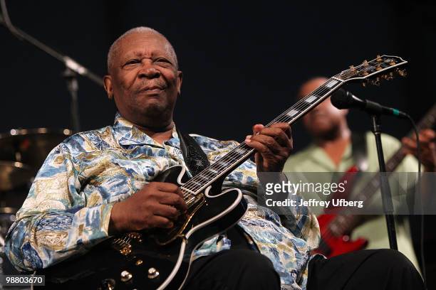 Musician BB King performs during day 6 of the 41st annual New Orleans Jazz & Heritage Festival at the Fair Grounds Race Course on May 2, 2010 in New...