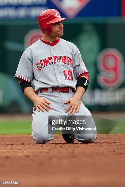 Joey Votto of the Cincinnati Reds reacts to being thrown out at second base against the St. Louis Cardinals at Busch Stadium on May 2, 2010 in St....
