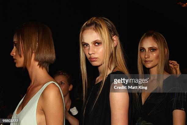 Models prepare backstage ahead of the Ginger & Smart show on the first day of Rosemount Australian Fashion Week Spring/Summer 2010/11 at the Overseas...