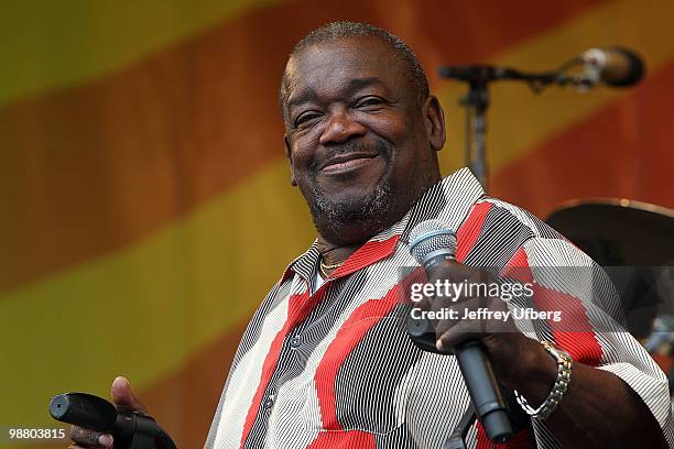 Musician Clarence Frogman Henry performs during day 7 of the 41st annual New Orleans Jazz & Heritage Festival at the Fair Grounds Race Course on May...