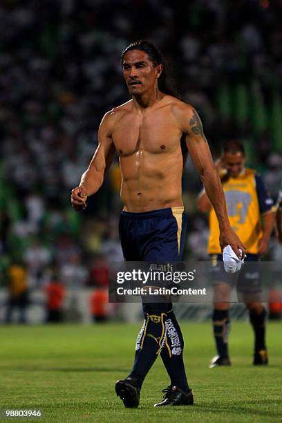 Juan Francisco Palencia of Pumas reacts during a quarter-final match against Santos Laguna as part of the 2010 Bicentenary Tournament in the Mexican...