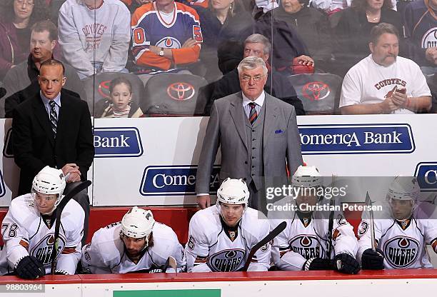 Head coach Pat Quinn of the Edmonton Oilers during the NHL game against the Phoenix Coyotes at Jobing.com Arena on April 3, 2010 in Glendale,...