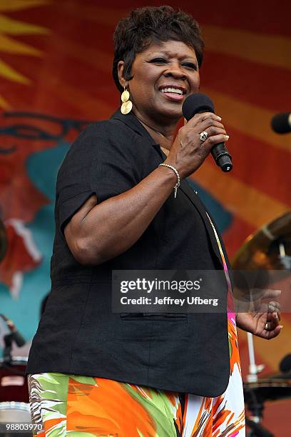 Singer Irma Thomas performs during day 7 of the 41st annual New Orleans Jazz & Heritage Festival at the Fair Grounds Race Course on May 2, 2010 in...