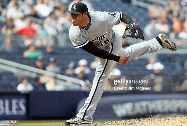 Sergio Santos of the Chicago White Sox delivers a pitch against the New York Yankees on May 2, 2010 at Yankee Stadium in the Bronx borough of New...