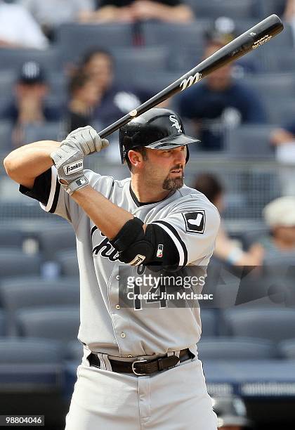 Paul Konerko of the Chicago White Sox bats against the New York Yankees on May 2, 2010 at Yankee Stadium in the Bronx borough of New York City. The...