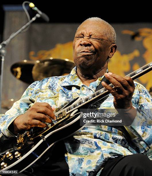 Guitar Legend B.B. King performs at the 2010 New Orleans Jazz & Heritage Festival Presented By Shell - Day 7 at the Fair Grounds Race Course on May...