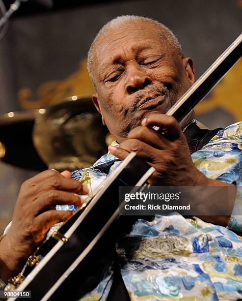 Guitar Legend B.B. King performs at the 2010 New Orleans Jazz & Heritage Festival Presented By Shell - Day 7 at the Fair Grounds Race Course on May...