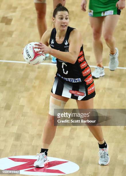 Madi Robinson of the Magpies competes for the ball during the round nine Super Netball match between the Magpies and the Fever at Margaret Court...